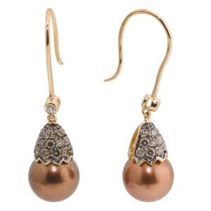 LE VIAN gold/chocolate 14kt Gold Diamond And Chocolate Pearl Drop Earrings